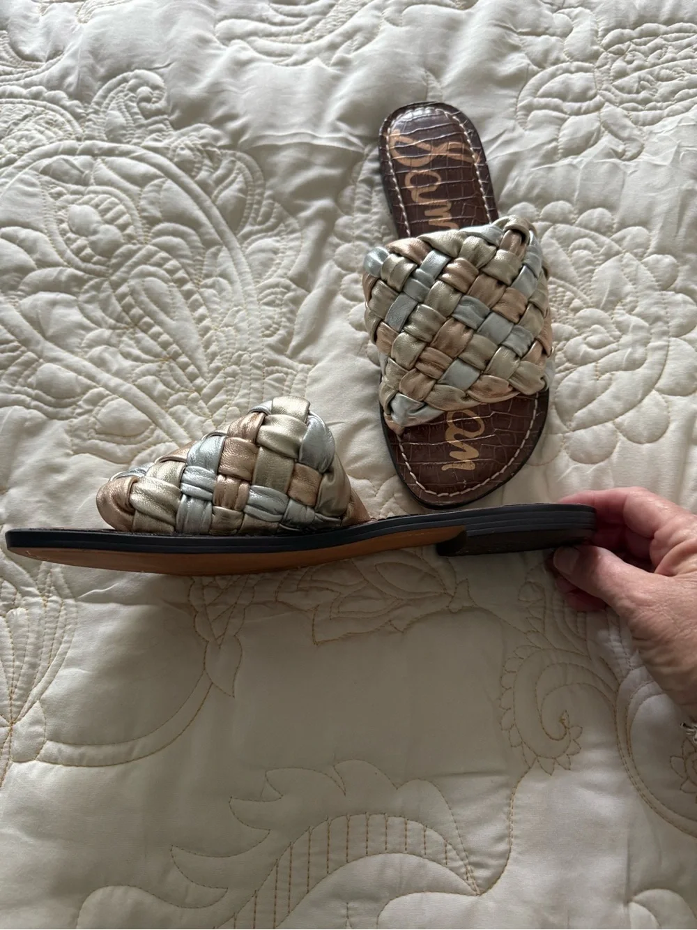Sam Edelman Braided Metallic Slide Sandals - Silver & Rose Gold
